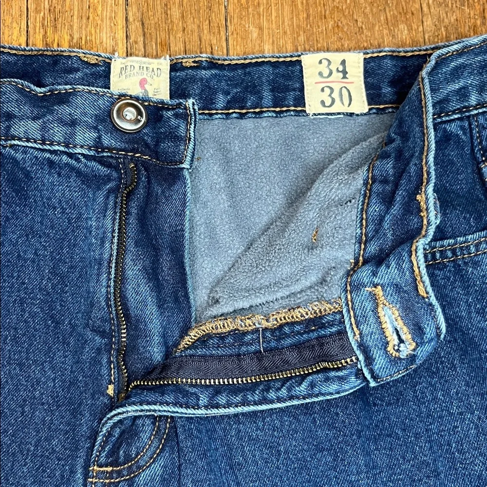Red Head blue jeans fleece lined straight leg 34 x 30 cabincore rugged denim